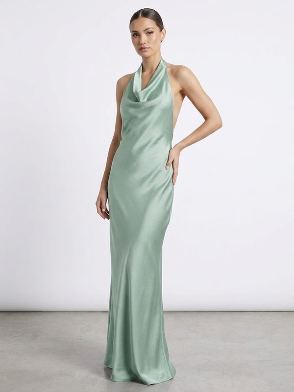 Vestito lungo halter in raso con schiena scoperta AZURE