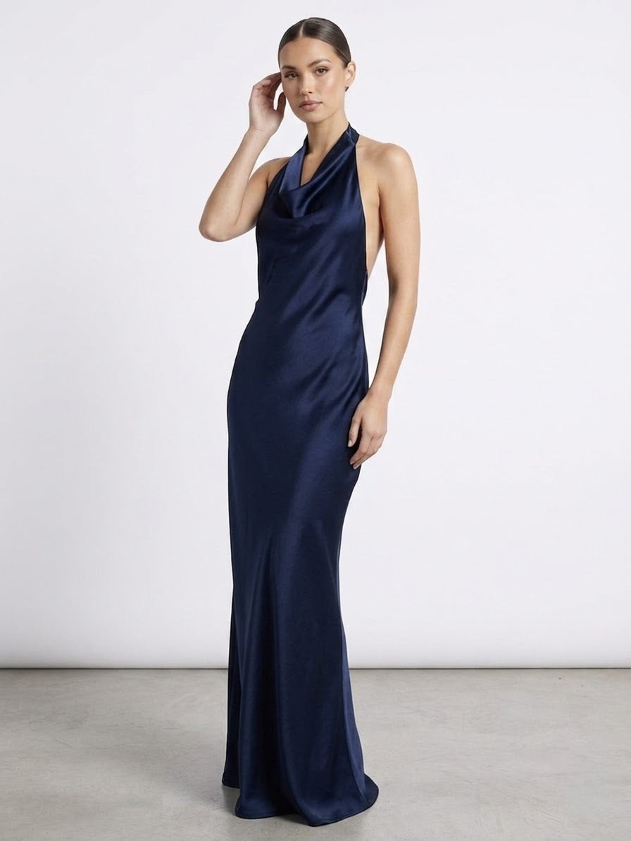 Vestito lungo halter in raso con schiena scoperta AZURE