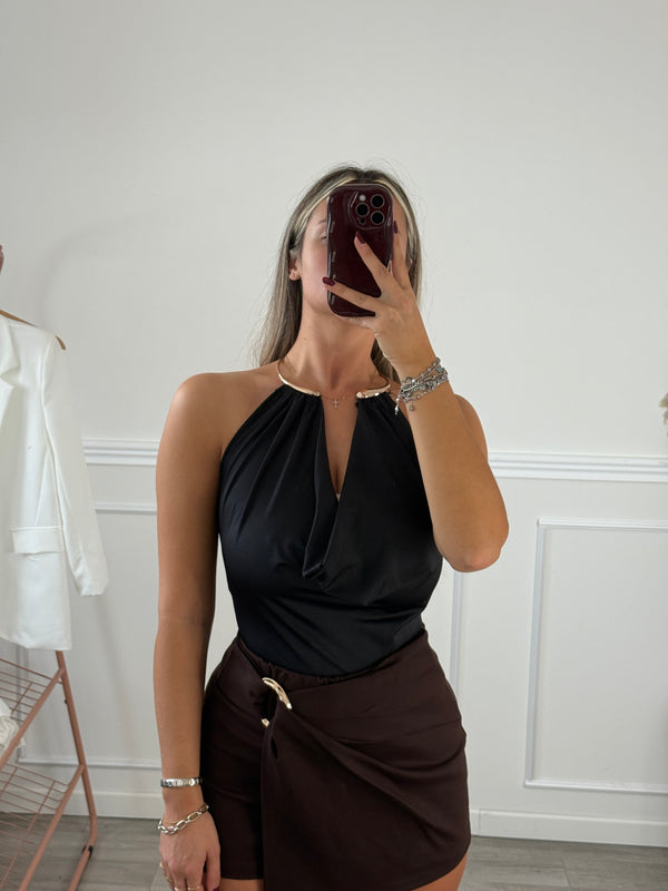Body in raso con collo halter con collare dorato rigido - Follie by Alice