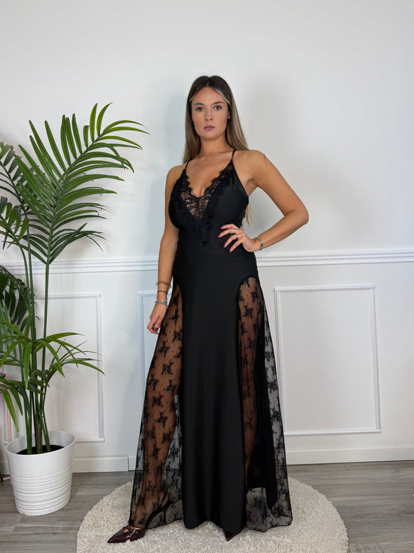 Vestito lungo con scollo e fianchi in pizzo OFELIA