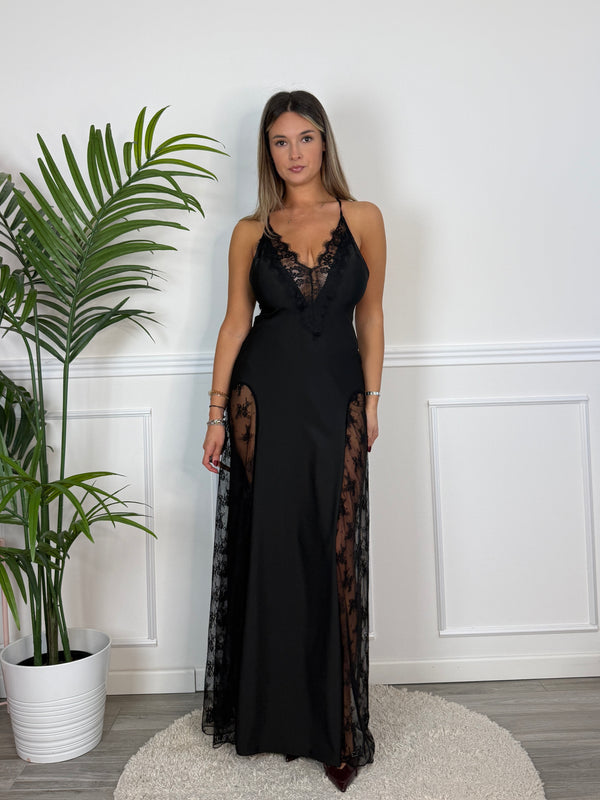 Vestito lungo con scollo e fianchi in pizzo OFELIA