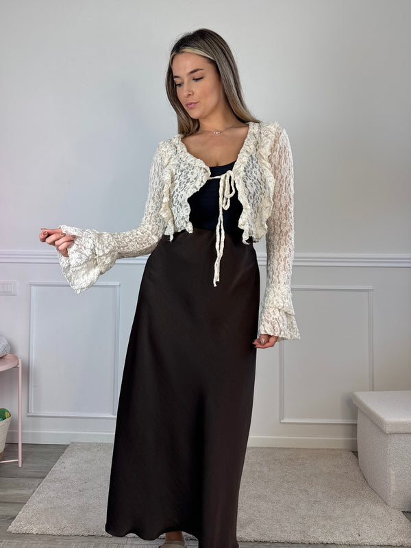 Top in pizzo con rouches e maniche a campana BLANCHE