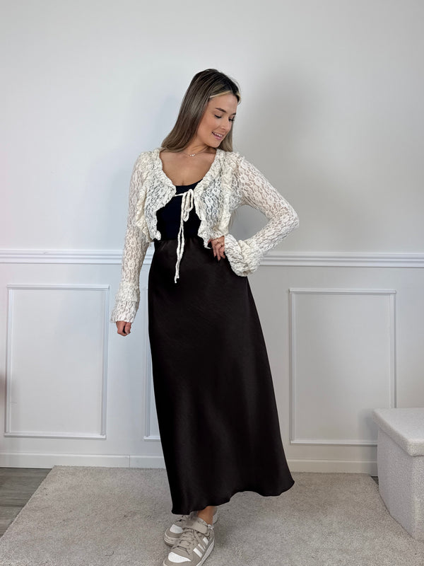 Top in pizzo con rouches e maniche a campana BLANCHE