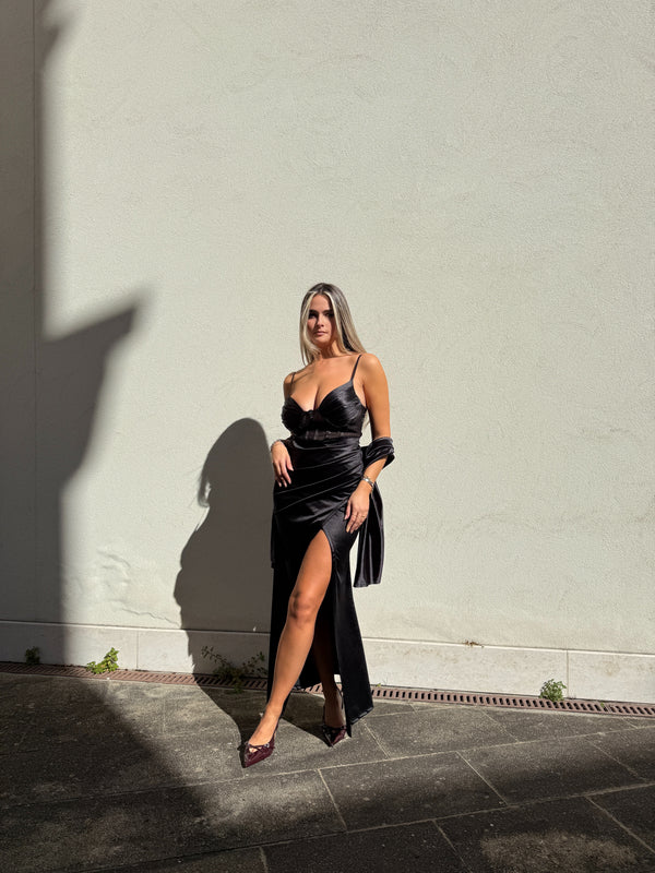 Vestito lungo in raso con top paillettes GODDESS