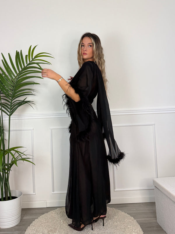 Vestito lungo in chiffon bordato di piume ODILE - Follie by Alice