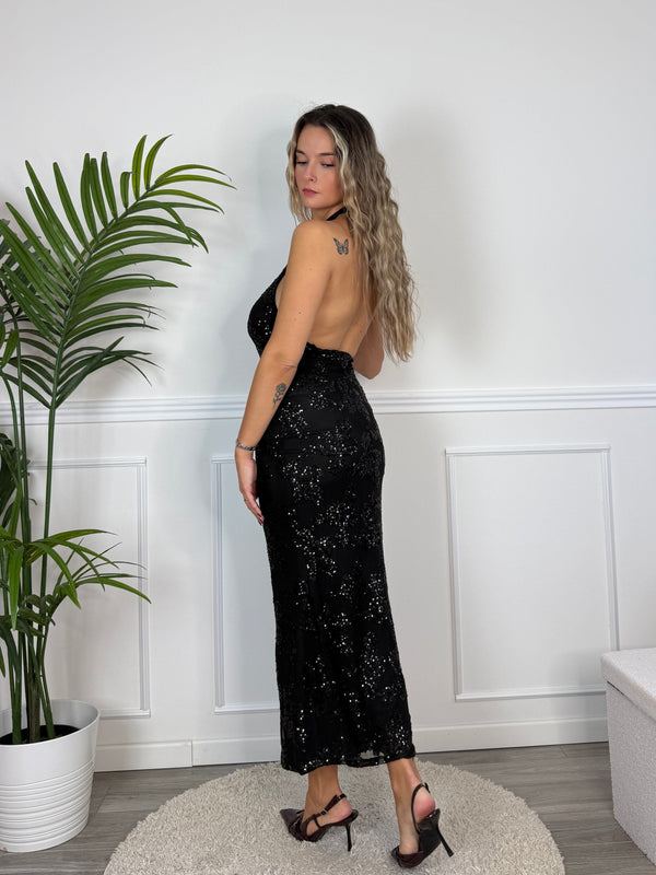 Vestito lungo halter in tulle ricamato con paillettes DUCHESSA - Follie by Alice