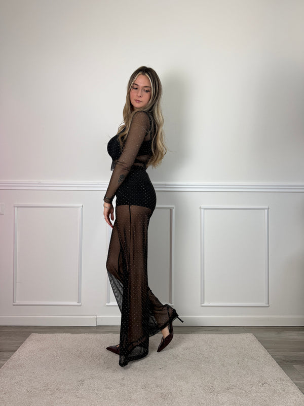 Maglia velata a maniche lunghe con strass gioiello