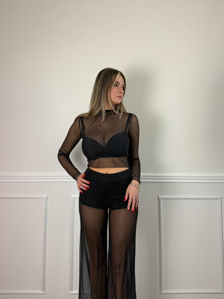 Maglia velata a maniche lunghe con strass gioiello