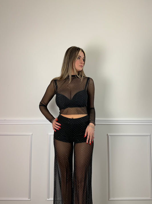 Maglia velata a maniche lunghe con strass gioiello 4284