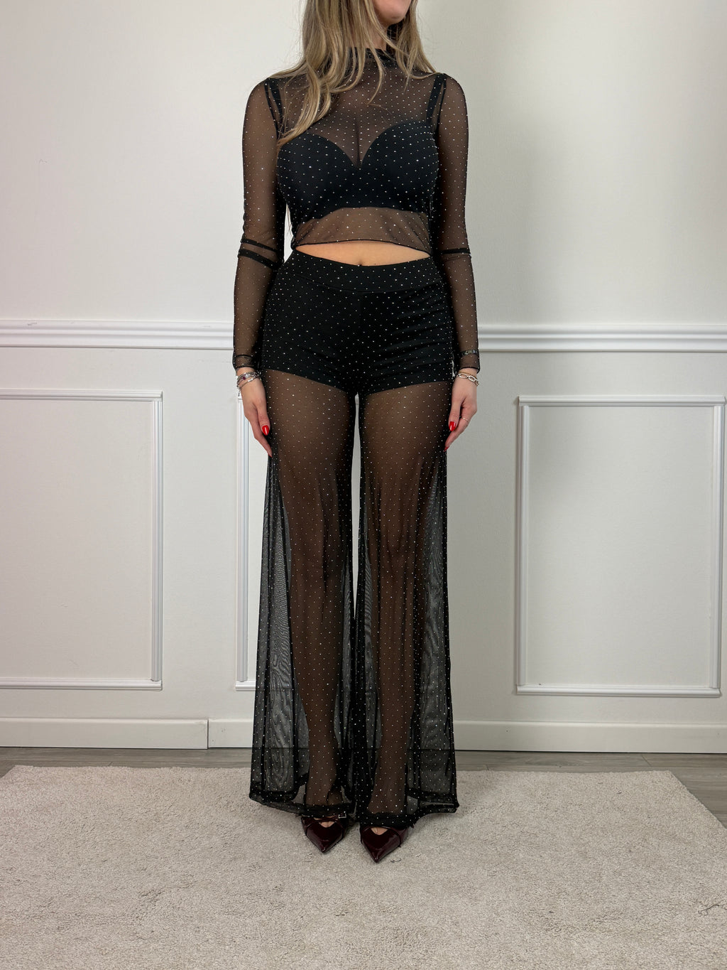 Pantaloni lunghi a palazzo in tulle trasparente con strass gioiello