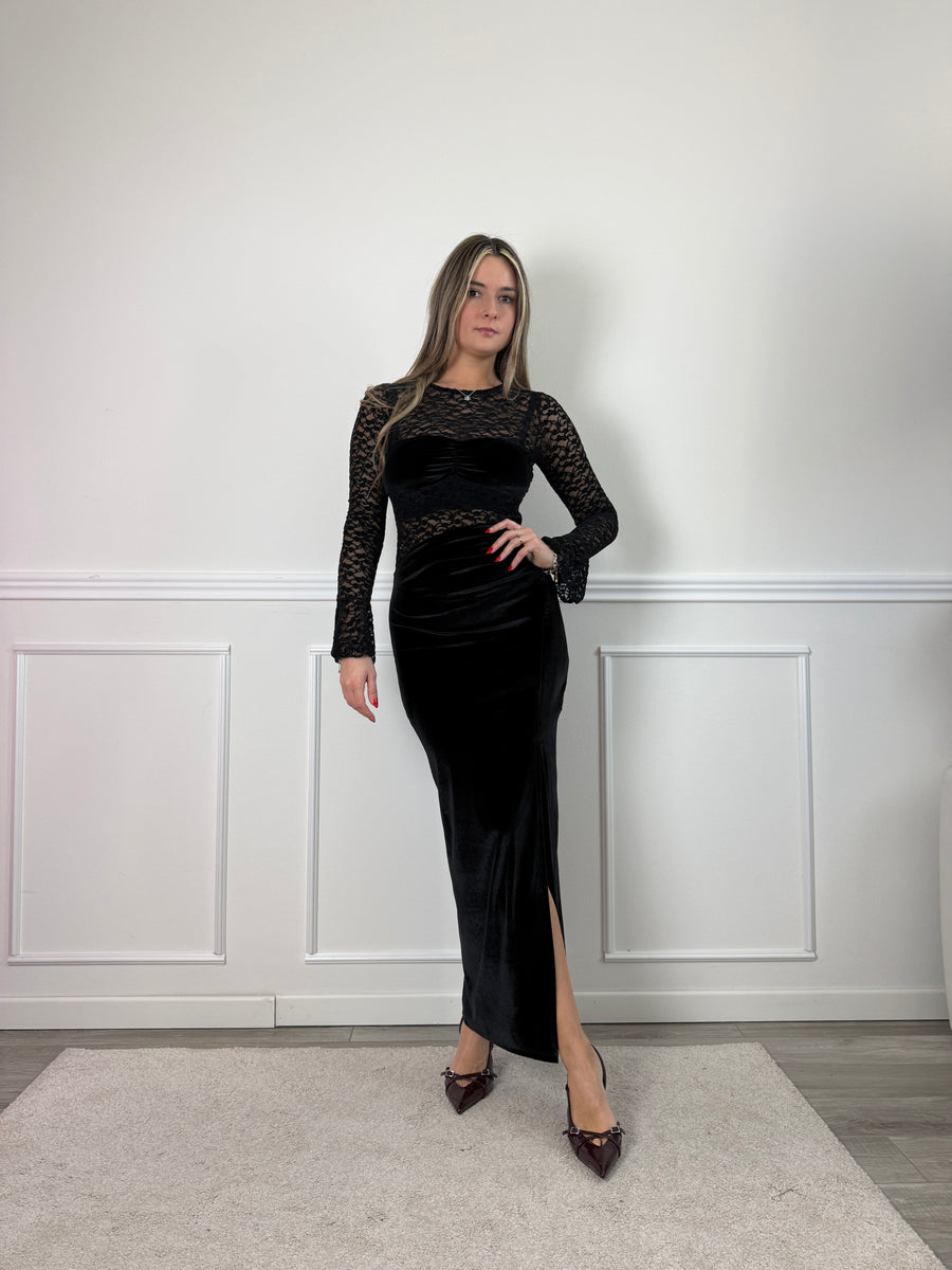 Vestito lungo in ciniglia a maniche lunghe con ricami in pizzo – alternate