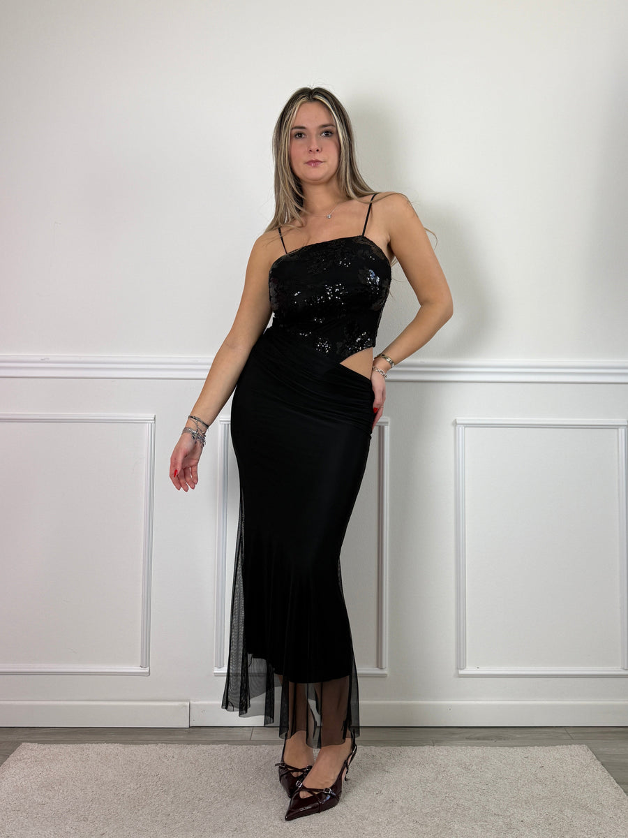 Vestito lungo cut-out con body con paillettes e gonna in tulle