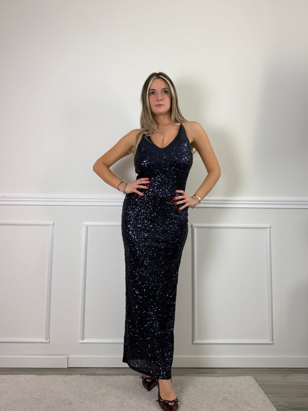 Vestito lungo con paillettes, schiena scoperta e scollo a V