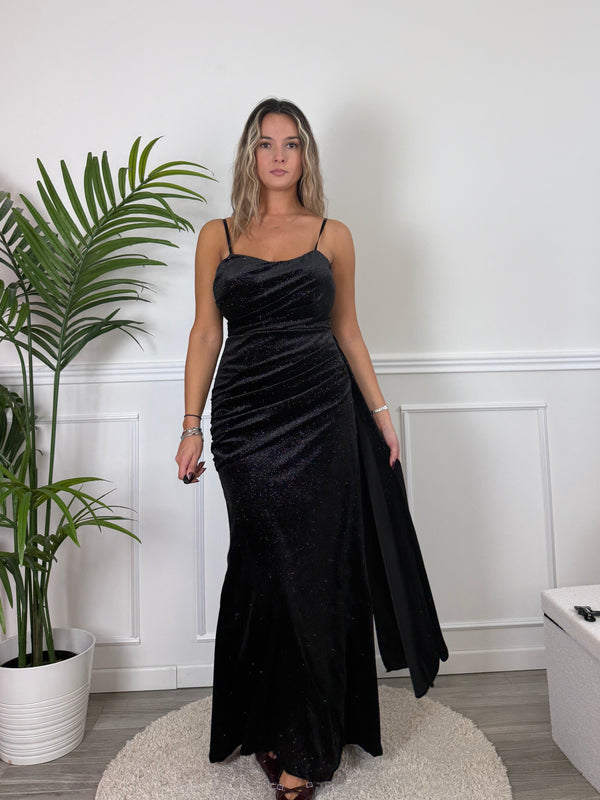 Vestito lungo in velluto glitterato con fusciacca ORIONE