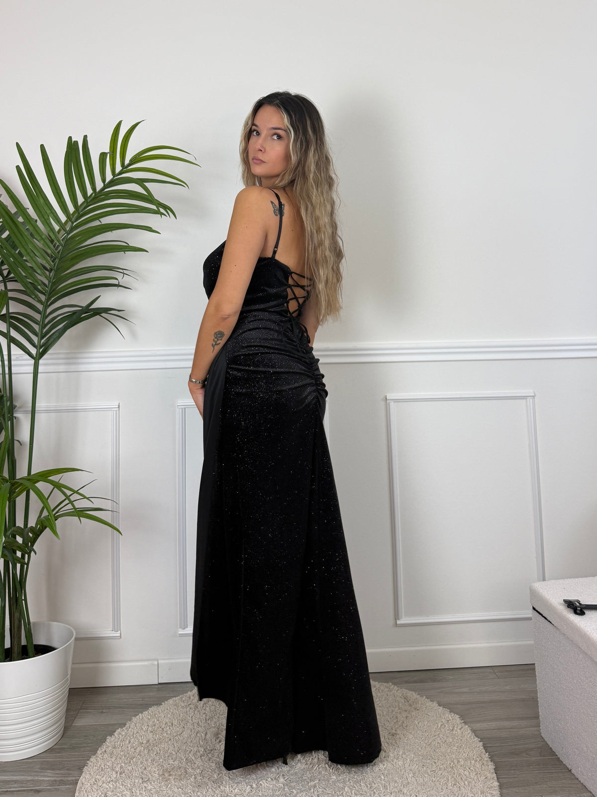 Vestito lungo in velluto glitterato con fusciacca ORIONE