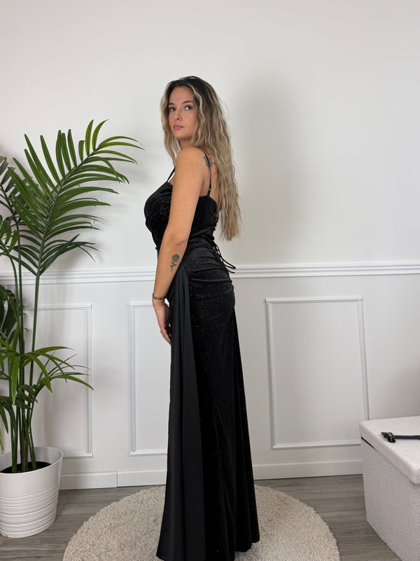 Vestito lungo in velluto glitterato con fusciacca ORIONE