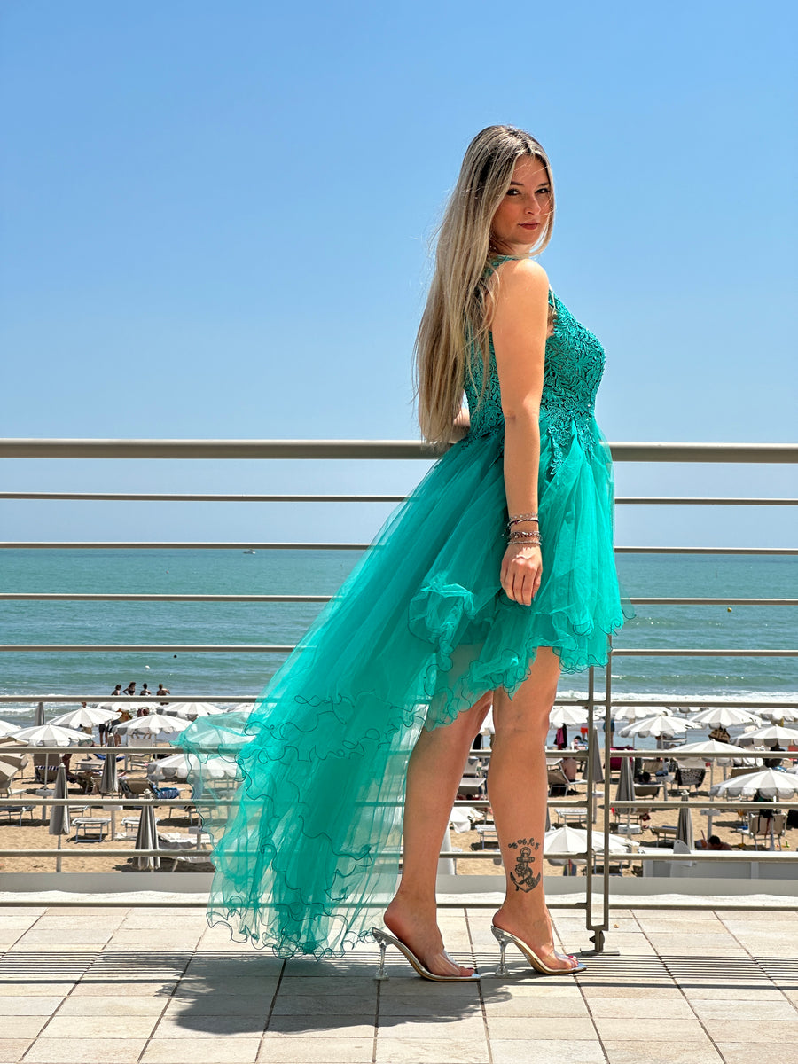 Vestito lungo in tulle con corpetto in pizzo con perline gioiello – alternate