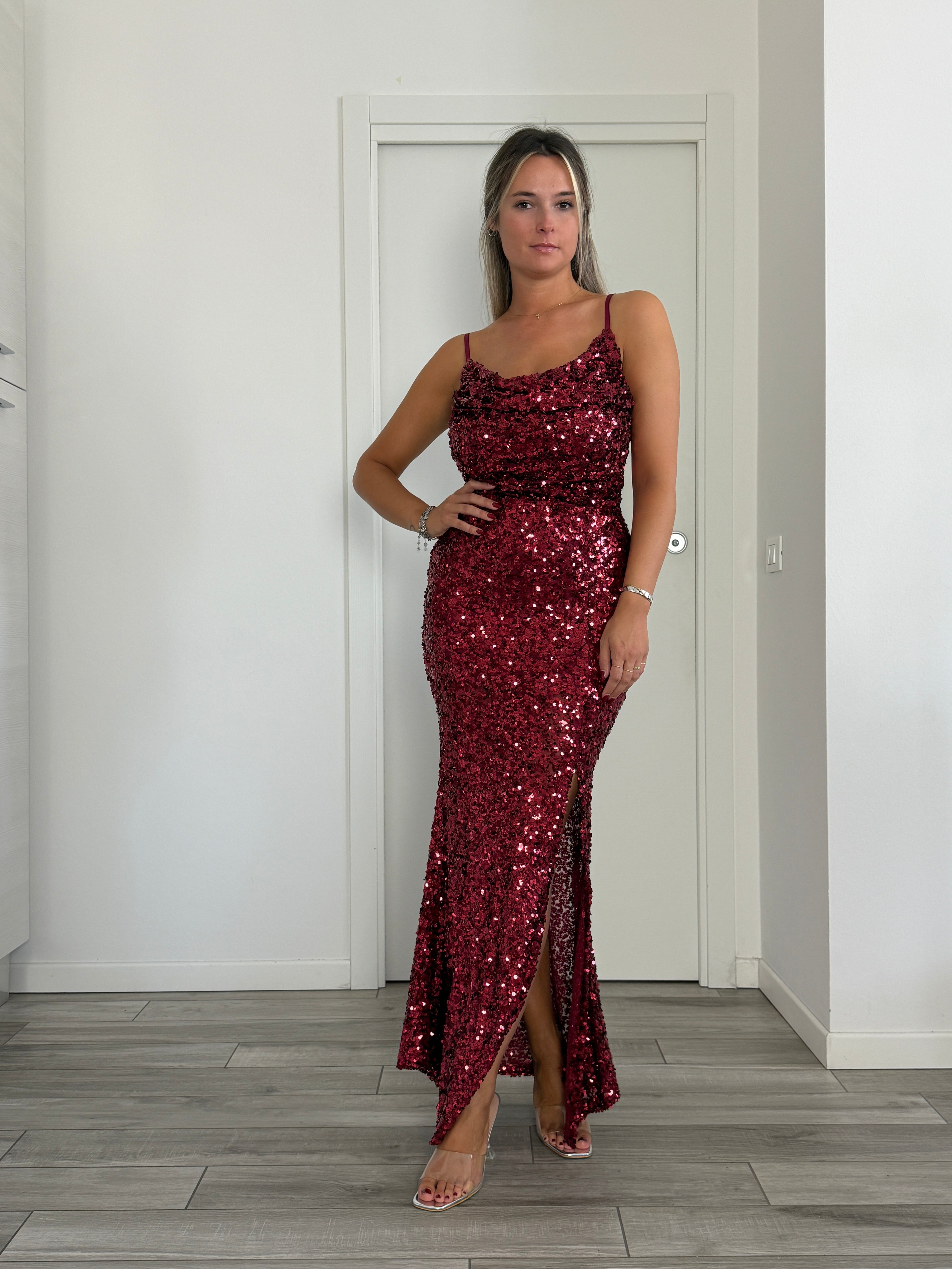 Tubino lungo gioiello con paillettes e spacco