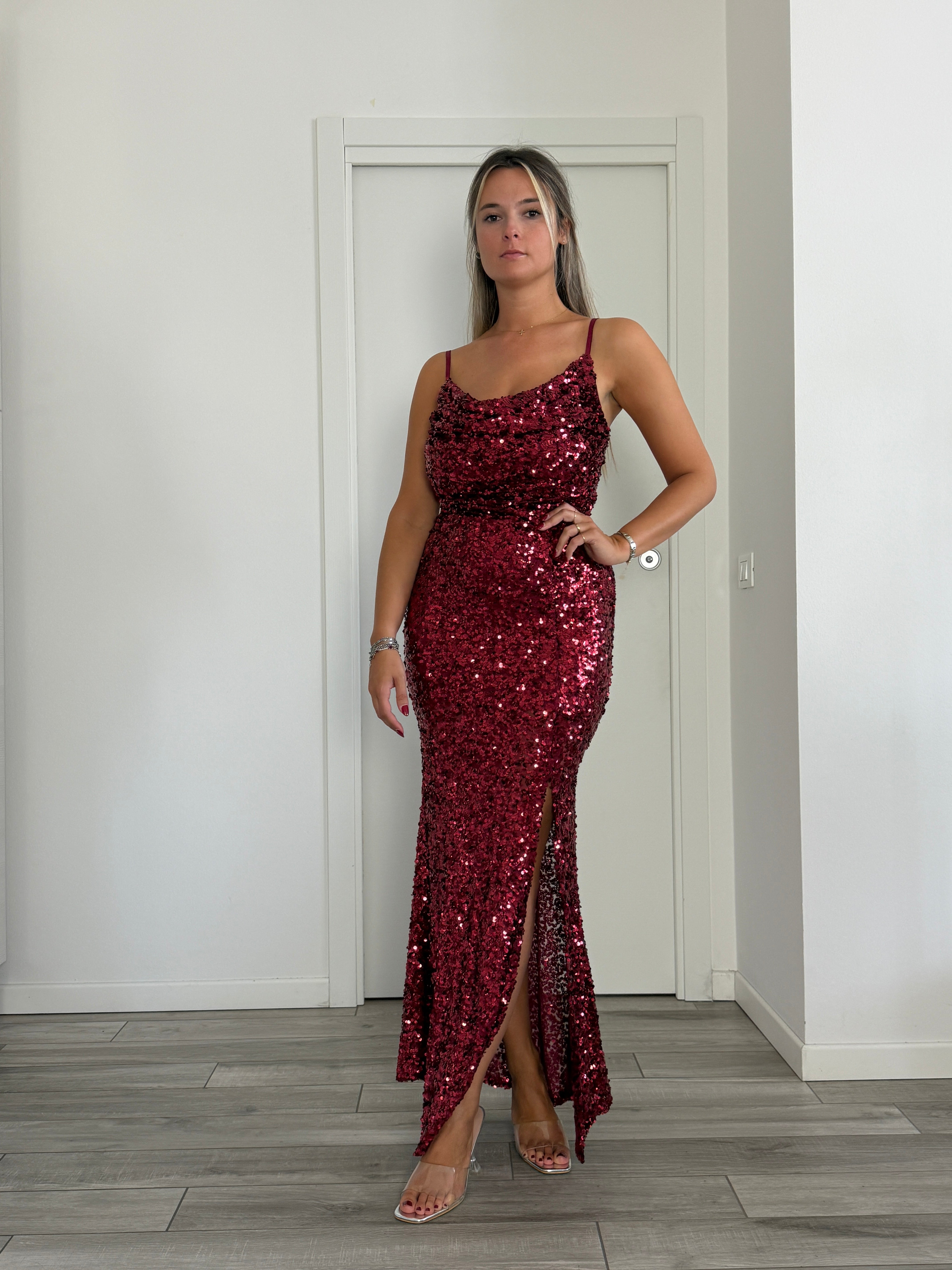 Tubino lungo gioiello con paillettes e spacco