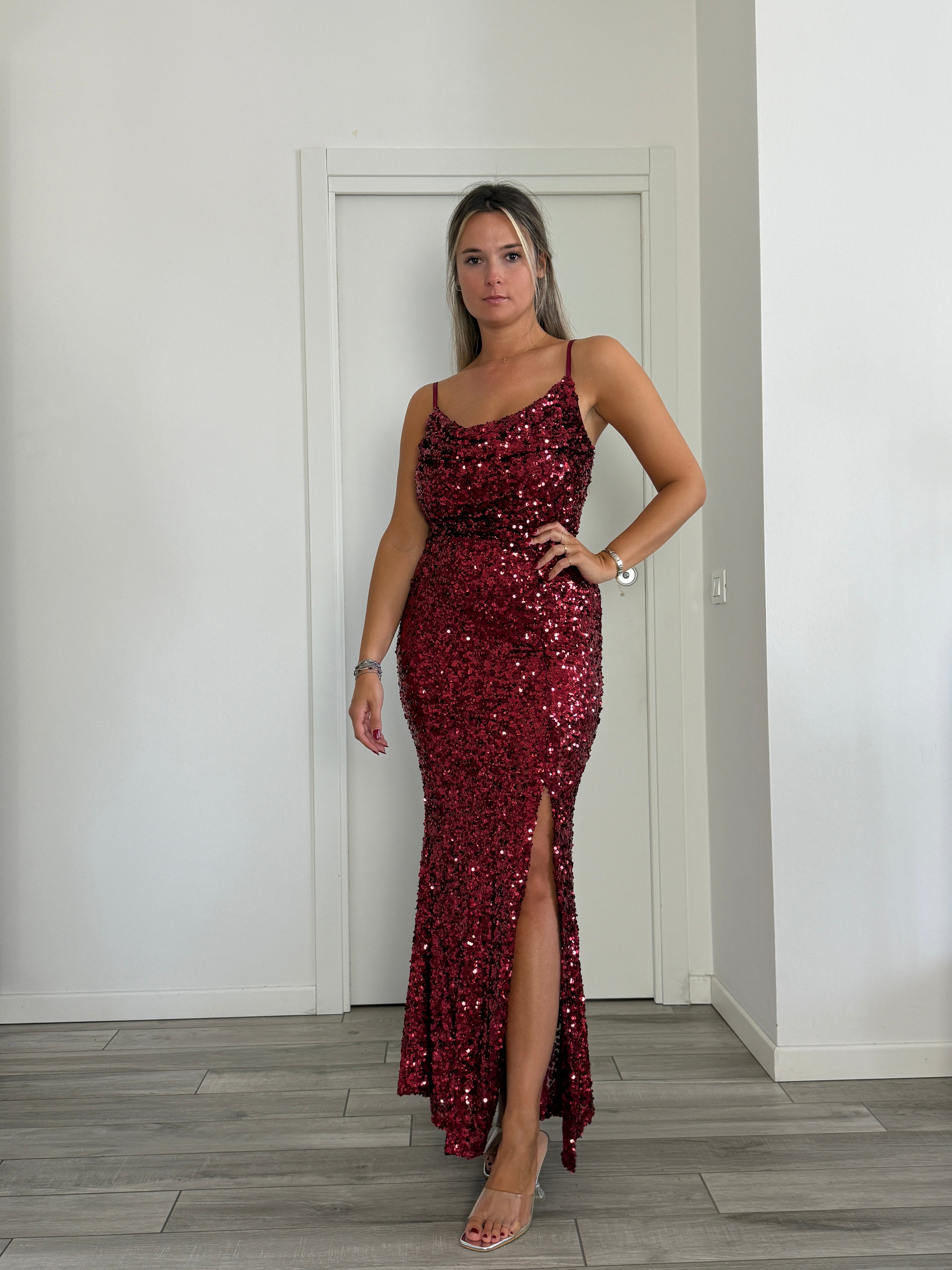 Tubino lungo gioiello con paillettes e spacco