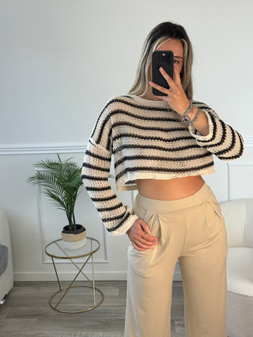Maglia traforata crop a righe con maniche lunghe