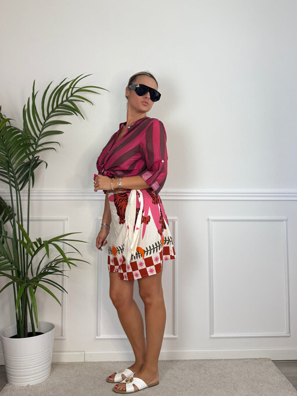 Camicia fucsia in lyocell a righe marroni MARRAKECH