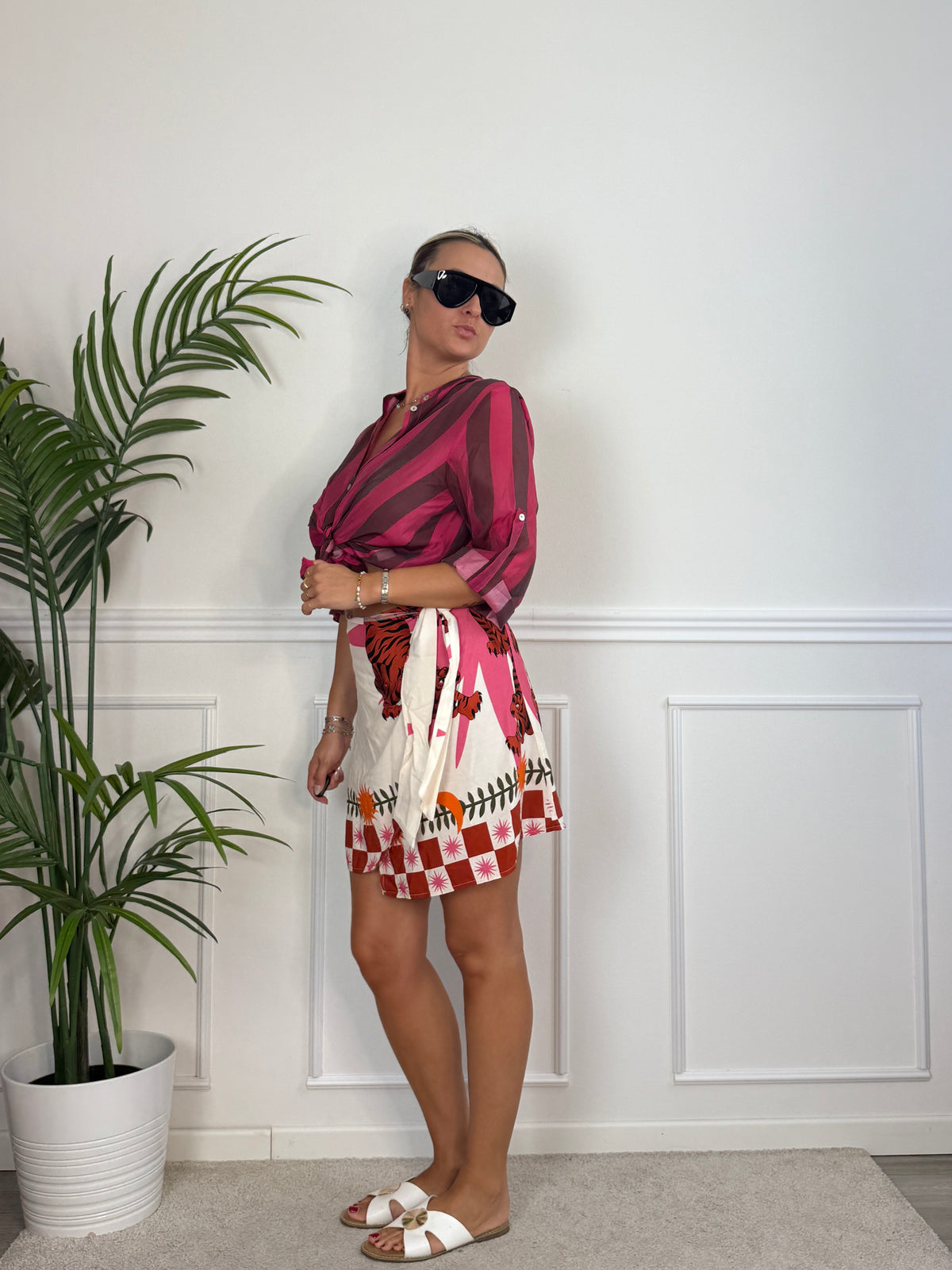 Camicia fucsia in lyocell a righe marroni MARRAKECH