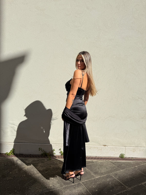 Vestito lungo in raso con top paillettes GODDESS