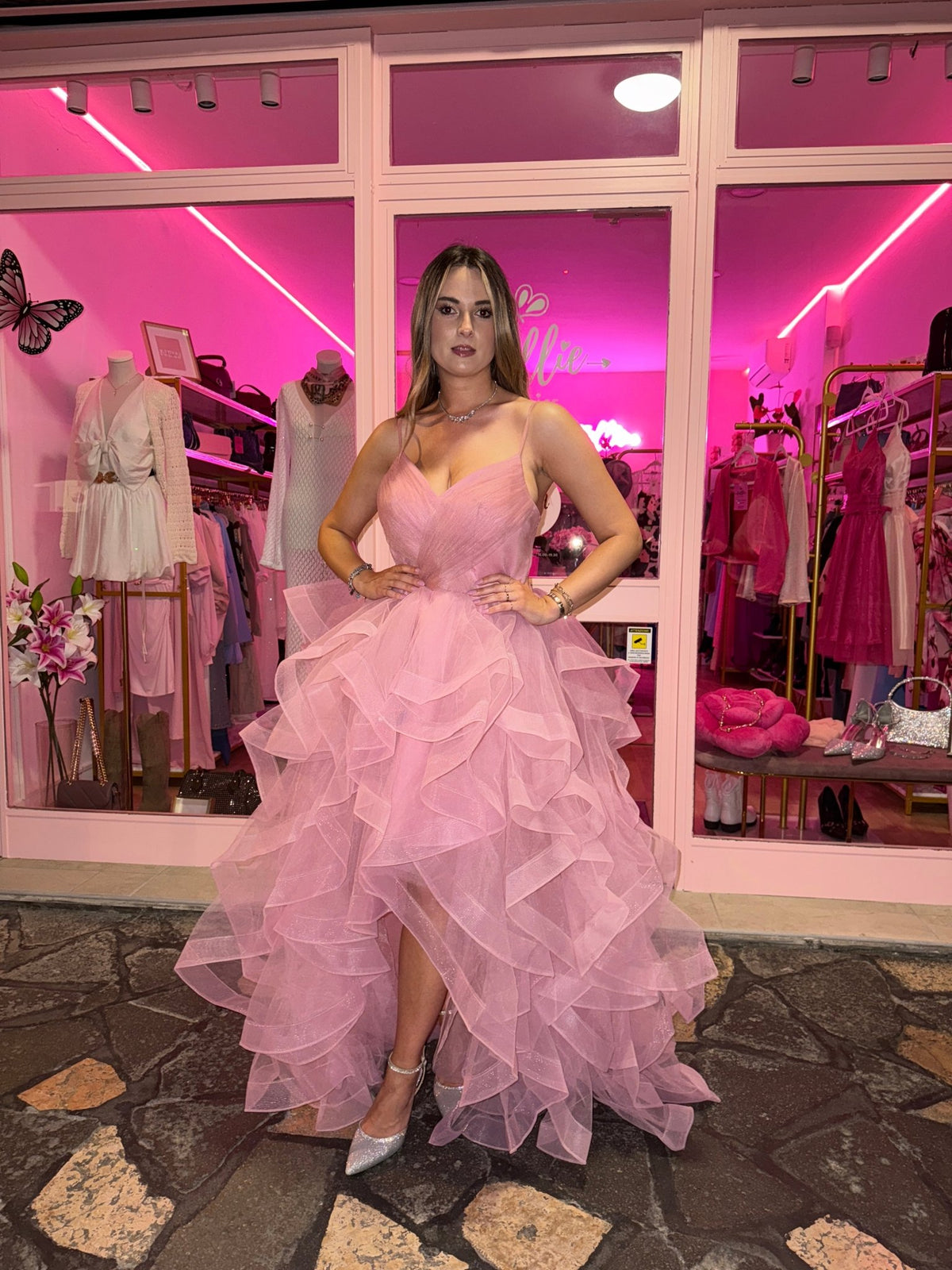 Abito lungo in tulle con scollo a cuore e gonna a balze asimmetriche - Follie by Alice