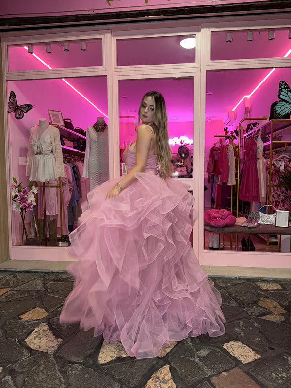 Abito lungo in tulle con scollo a cuore e gonna a balze asimmetriche - Follie by Alice