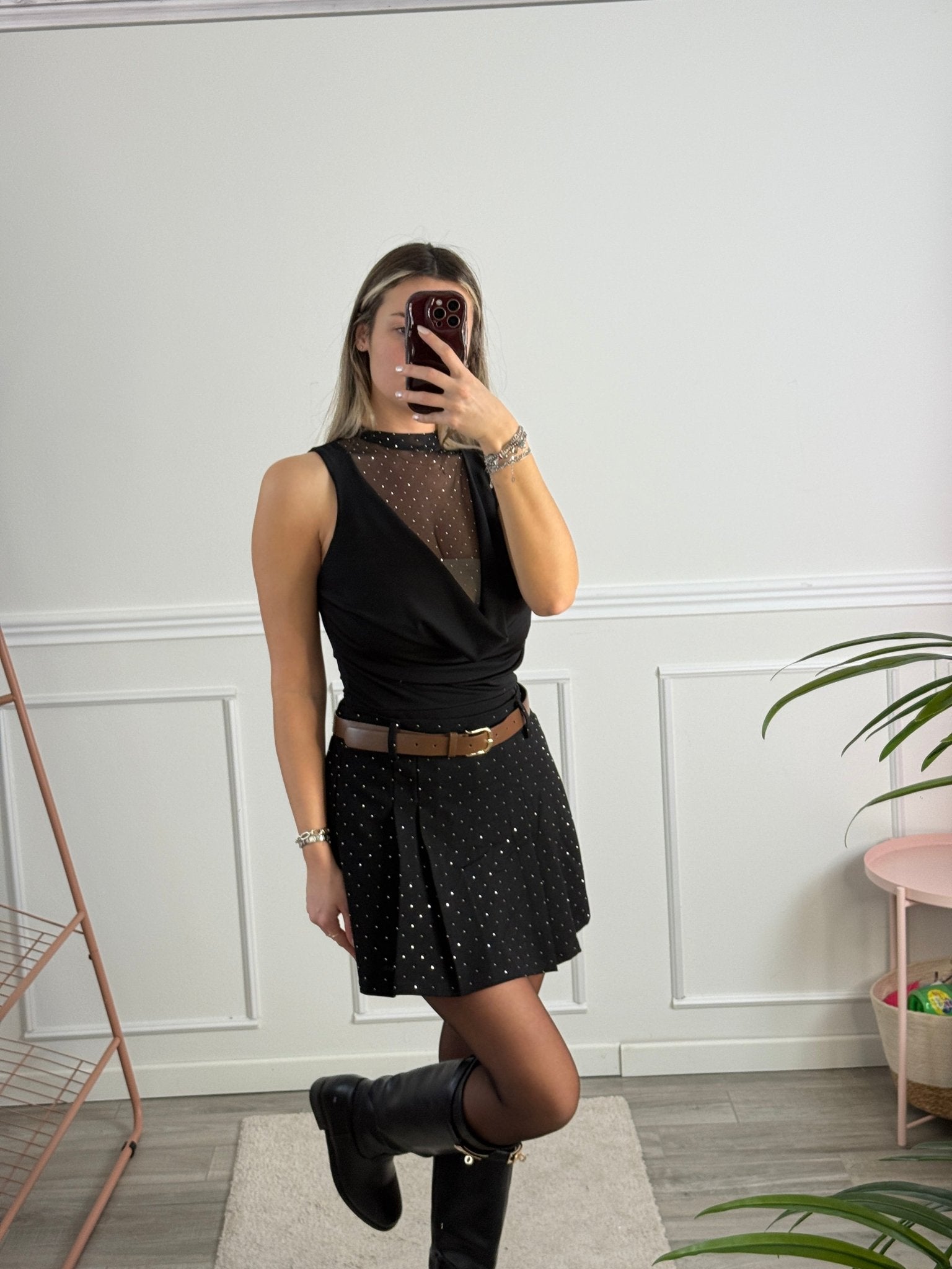 Body smanicato con scollo a cascata e inserto velato con strass gioiello - Follie by Alice