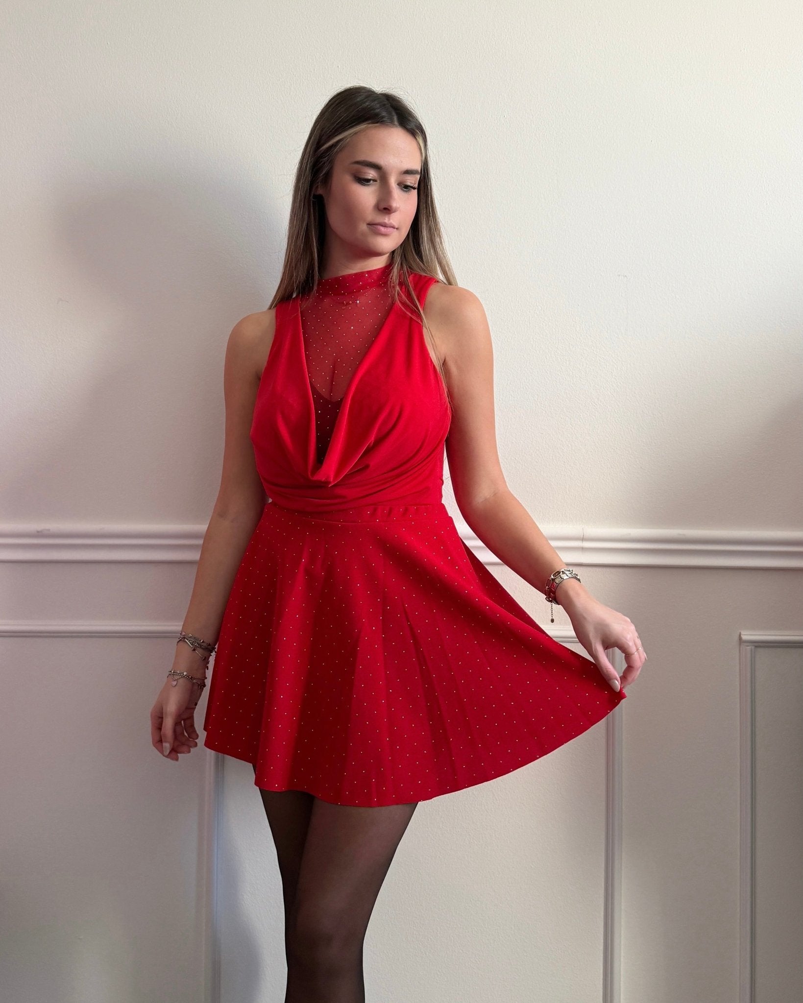 Body smanicato con scollo a cascata e inserto velato con strass gioiello - Follie by Alice