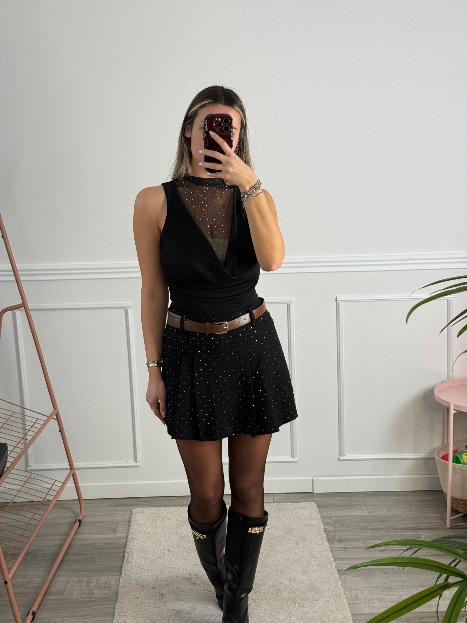 Body smanicato con scollo a cascata e inserto velato con strass gioiello - Follie by Alice