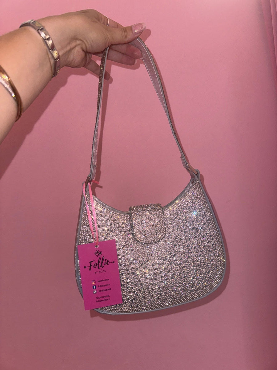 Borsa a mano con strass gioiello argento e tracolla