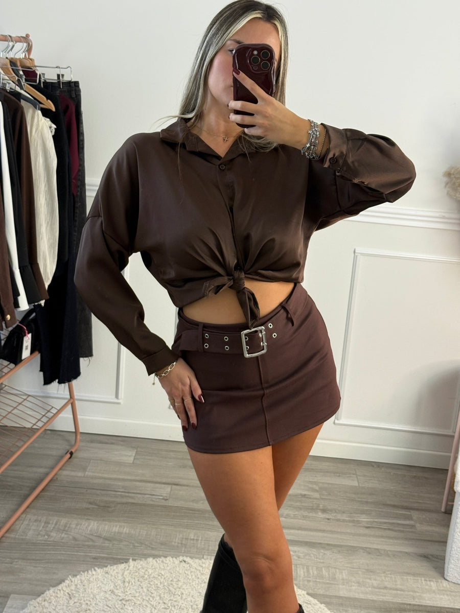 Camicia corta in raso con fiocchetto