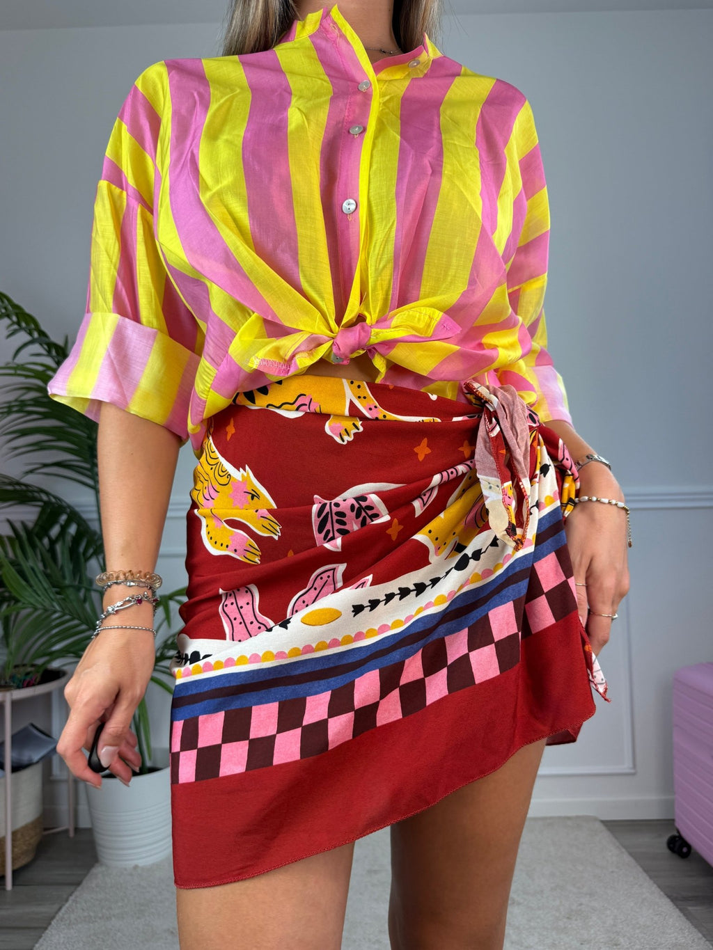 Camicia giallo fluo in lyocell a righe fucsia MARRAKECH - Follie by Alice