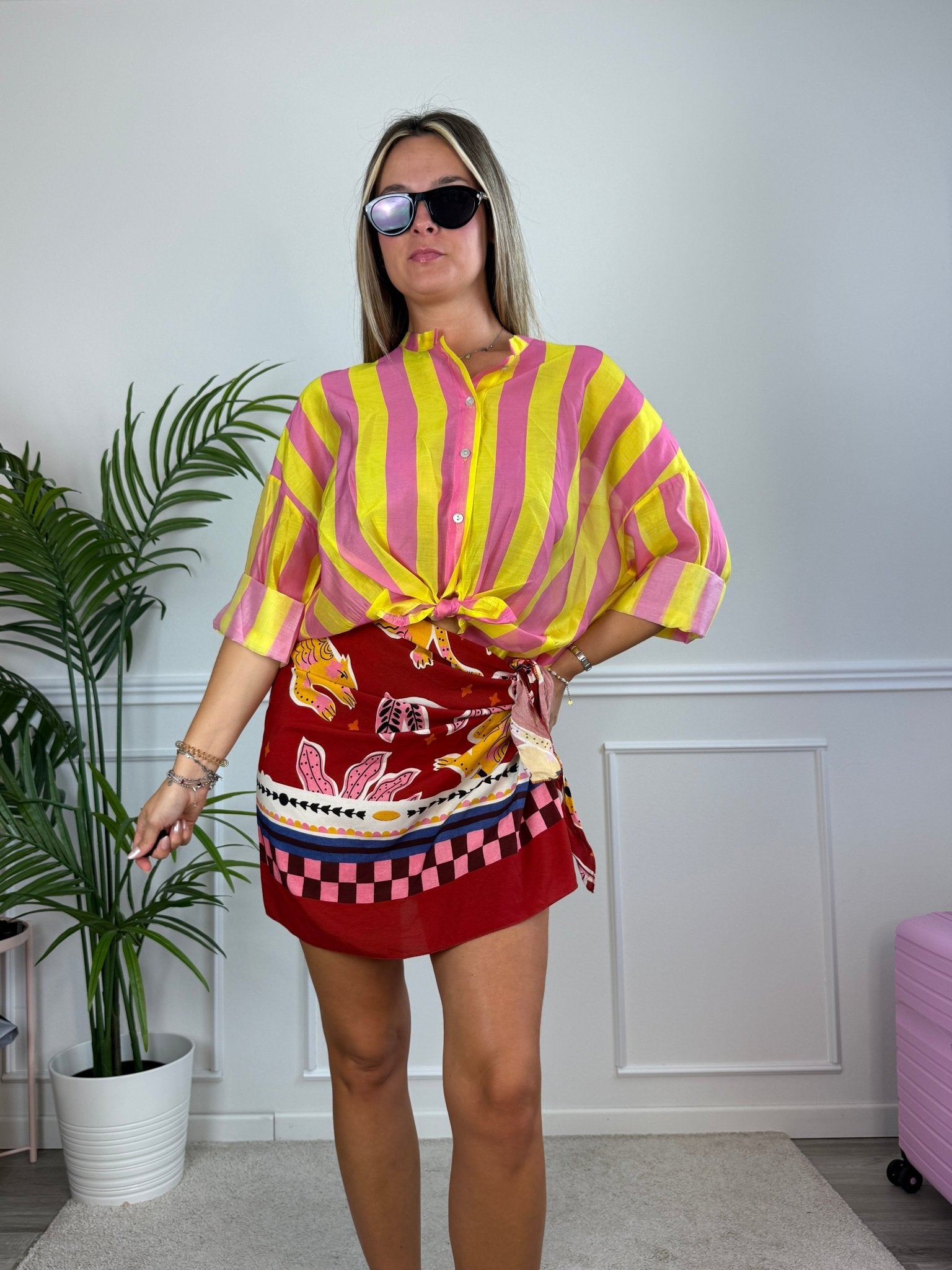 Camicia giallo fluo in lyocell a righe fucsia MARRAKECH Immagine secondaria del prodotto