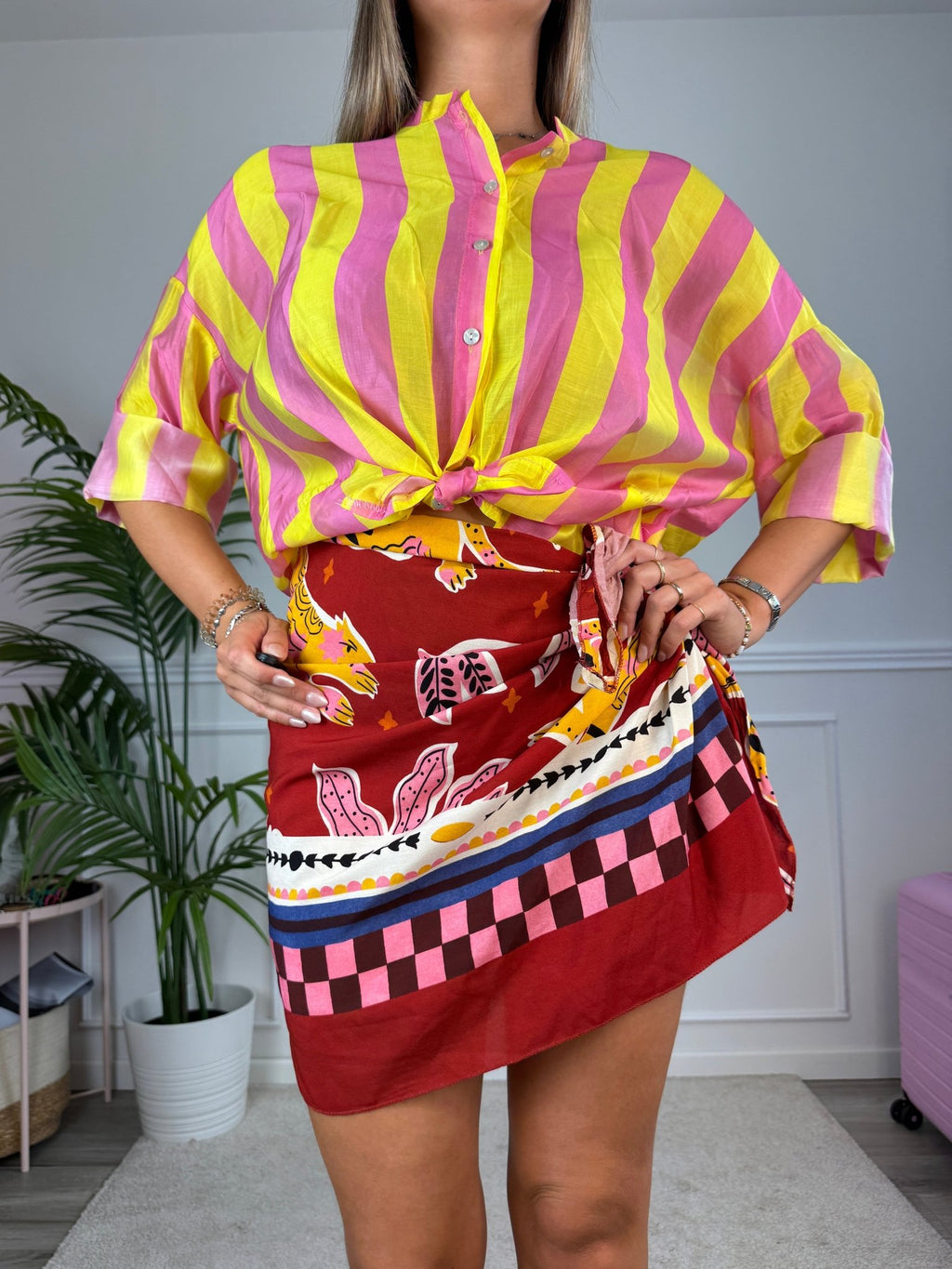 Camicia giallo fluo in lyocell a righe fucsia MARRAKECH - Follie by Alice