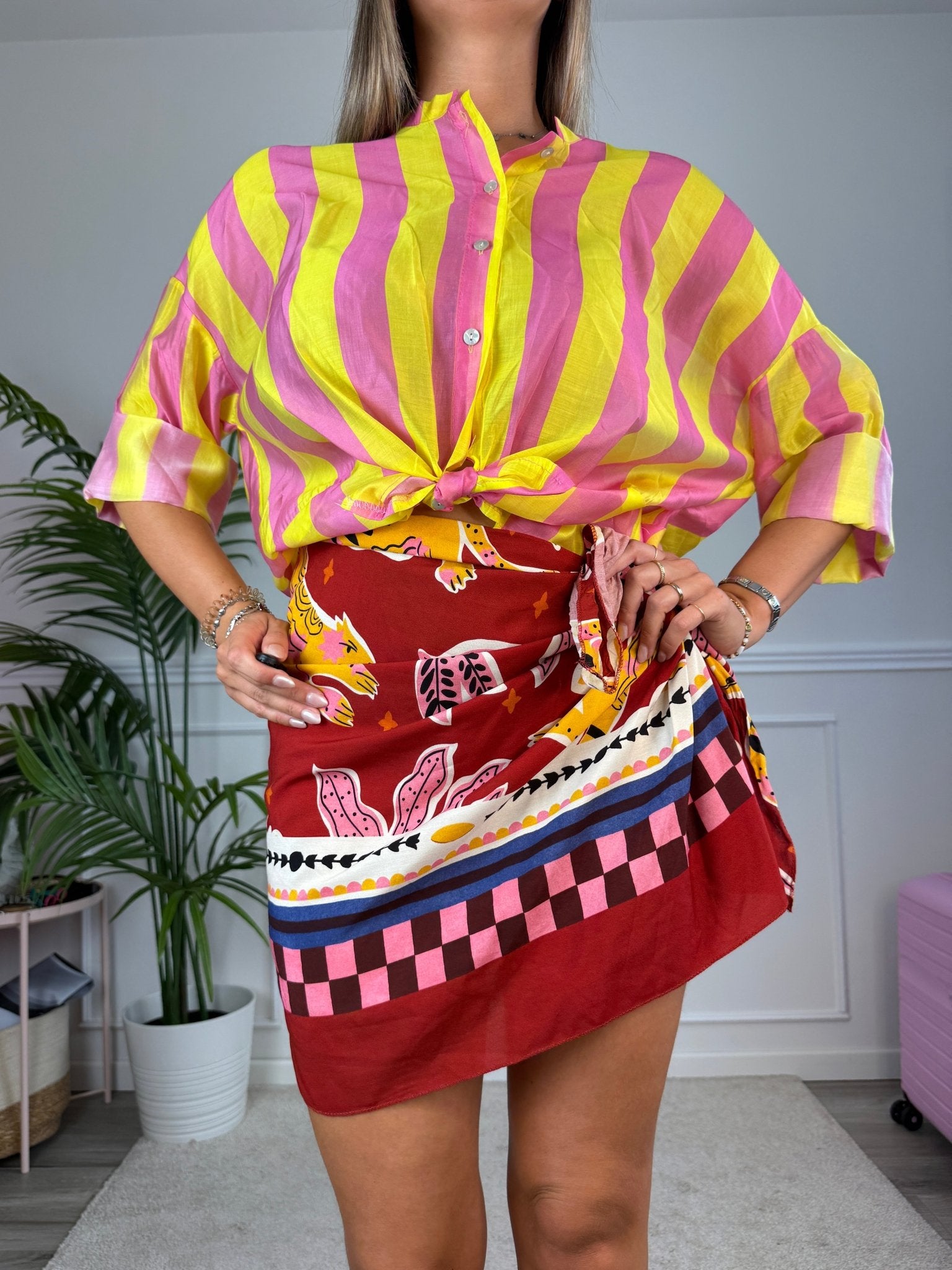 Camicia giallo fluo in lyocell a righe fucsia MARRAKECH - Follie by Alice