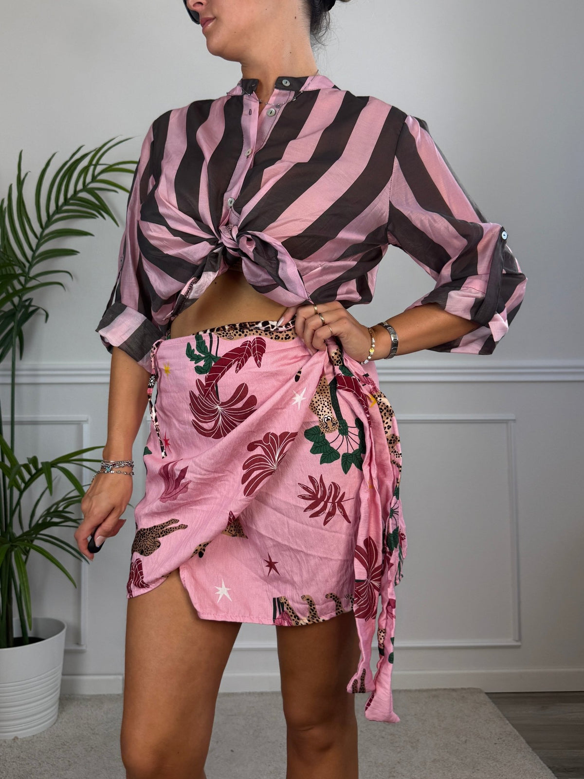 Camicia rosa in lyocell a righe marroni MARRAKECH - Follie by Alice