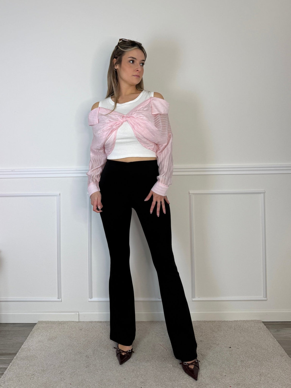 Camicia - top off - shoulder 2 in 1 a righe con nodo centrale - Follie by Alice