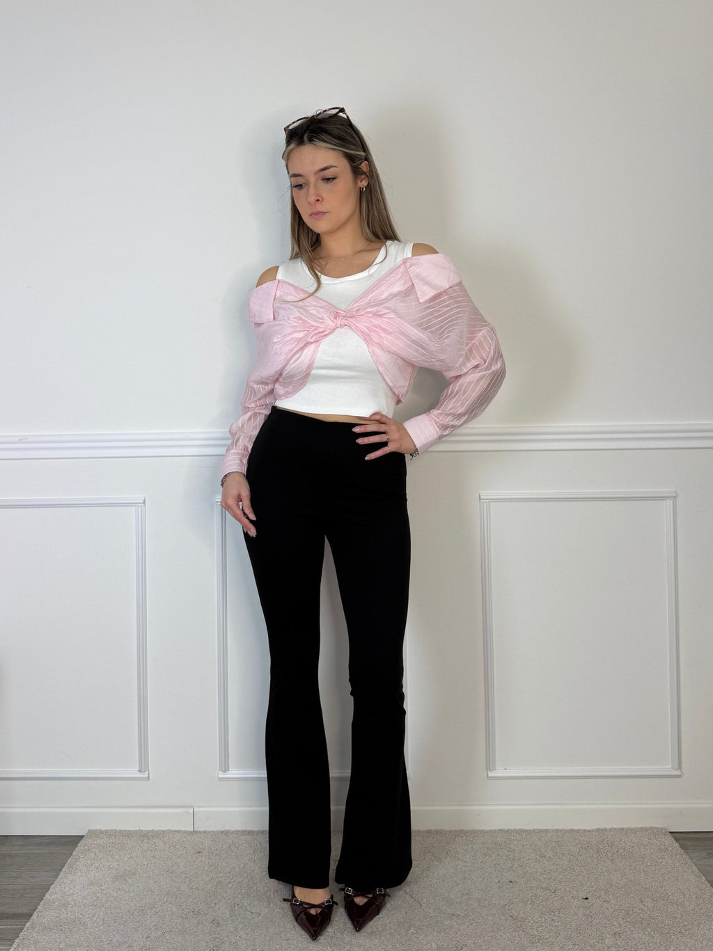 Camicia - top off - shoulder 2 in 1 a righe con nodo centrale - Follie by Alice