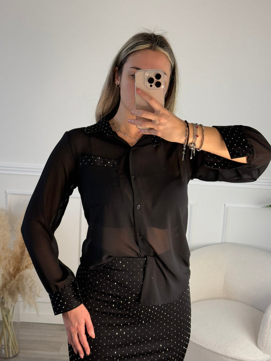 Camicia velata con strass gioiello su colletto e polsini