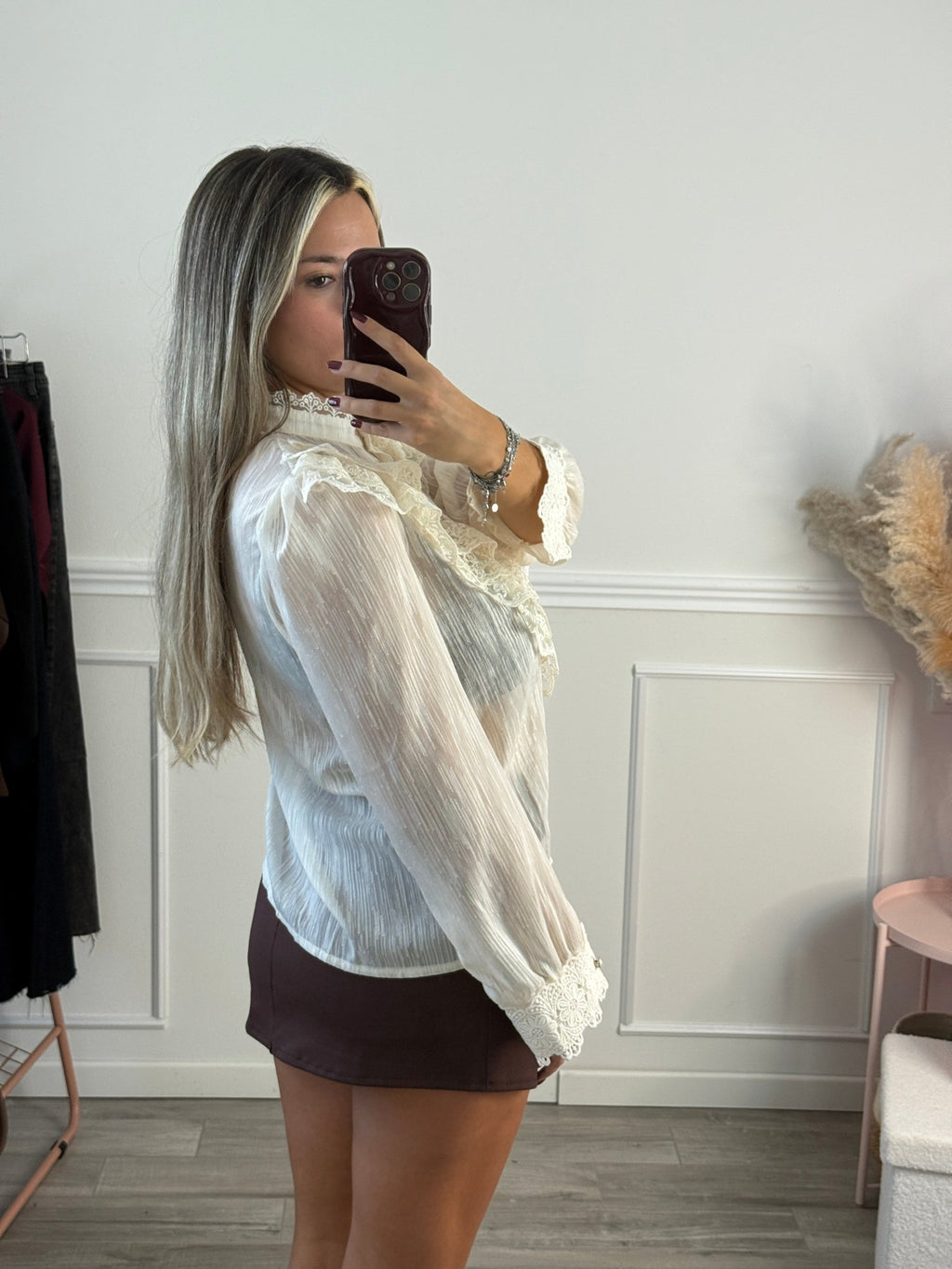 Camicia velata stile vittoriano con ruches in pizzo e bottoni perlati - Follie by Alice