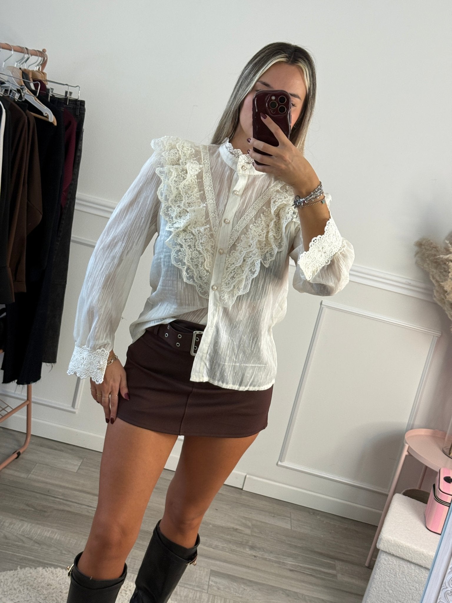 Camicia velata stile vittoriano con ruches in pizzo e bottoni perlati - Follie by Alice