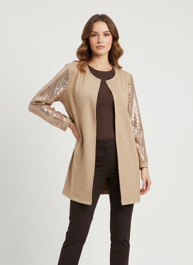 Cappotto beige con paillettes sulle maniche - Follie by Alice Immagine principale del prodotto