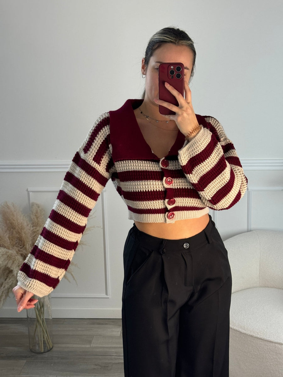 Cardigan corto in maglia a righe con collo a camicia – alternate