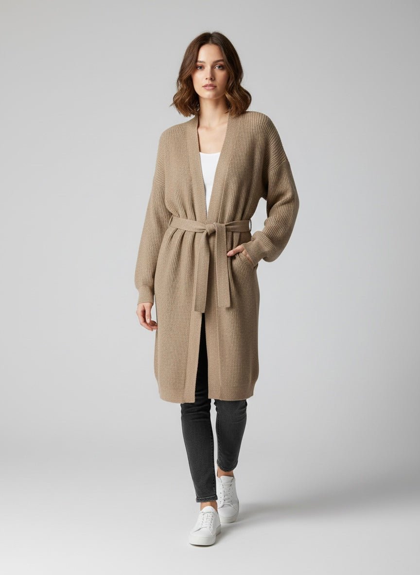 Cardigan lungo beige con laccio