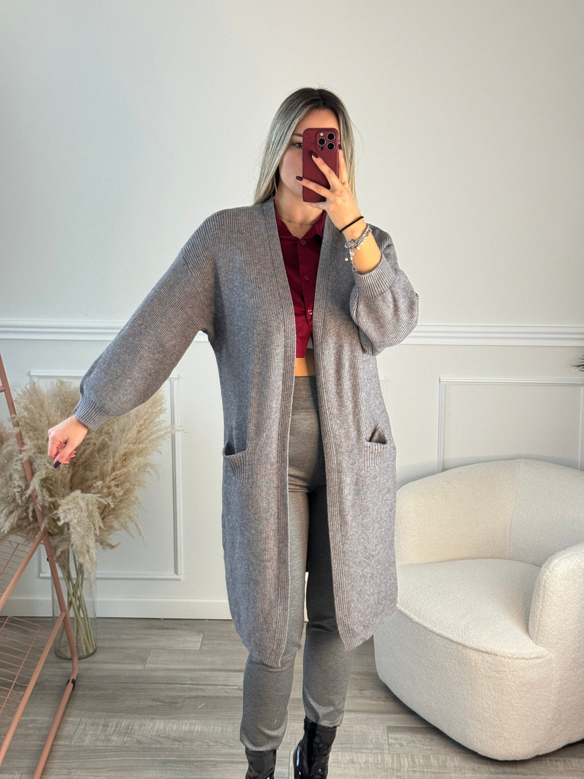 Cardigan lungo in maglia con maniche a palloncino - Follie by Alice