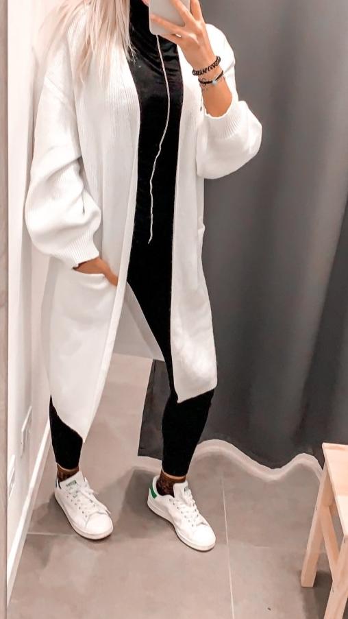 Cardigan Lungo Donna Lavorato A Maglia - Maniche A Palloncino, Aperto, Con Tasche, Nero